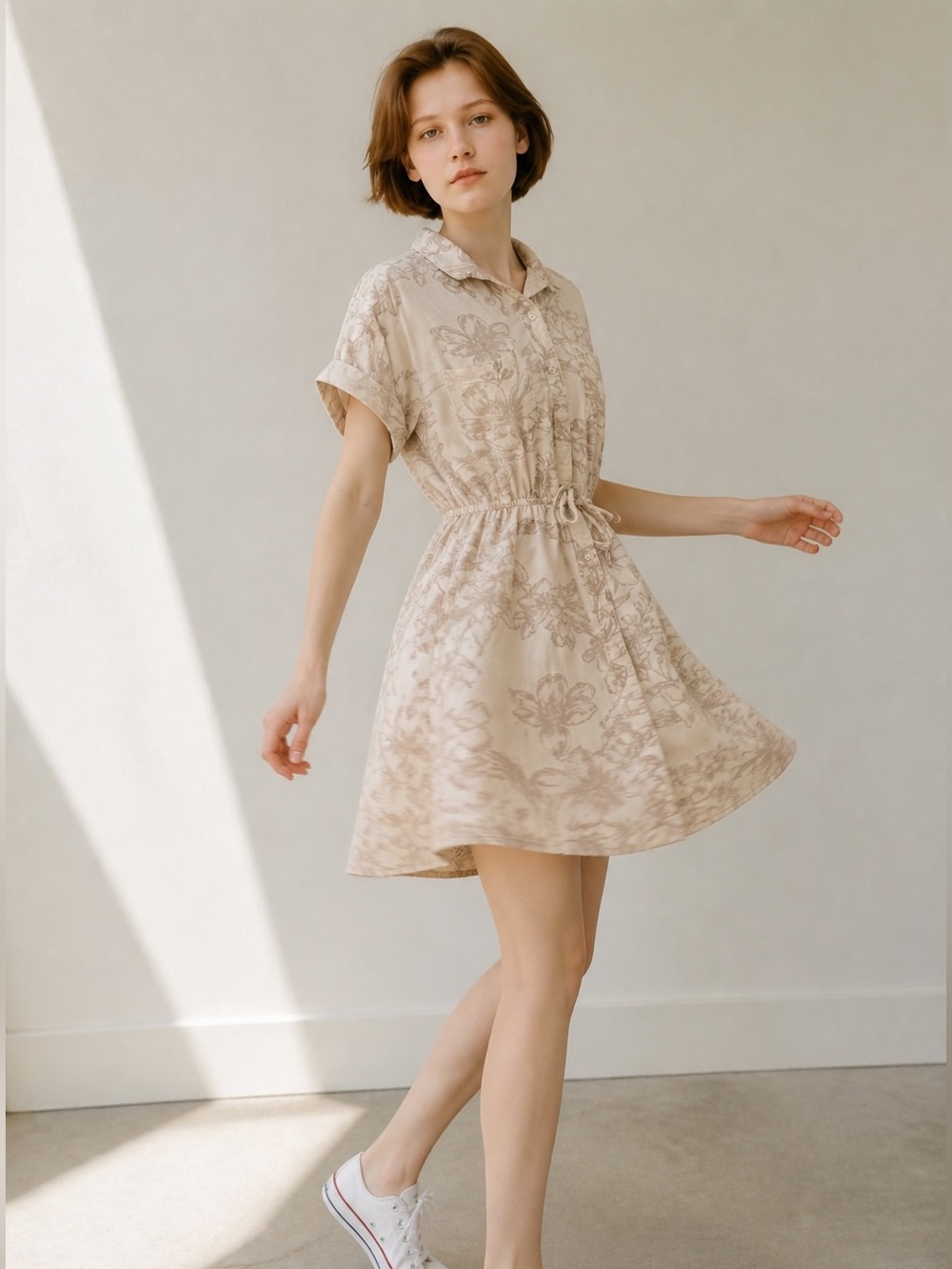 Japna Short Beige Floral Shirt Dress with Drawstring Waist and Pockets
